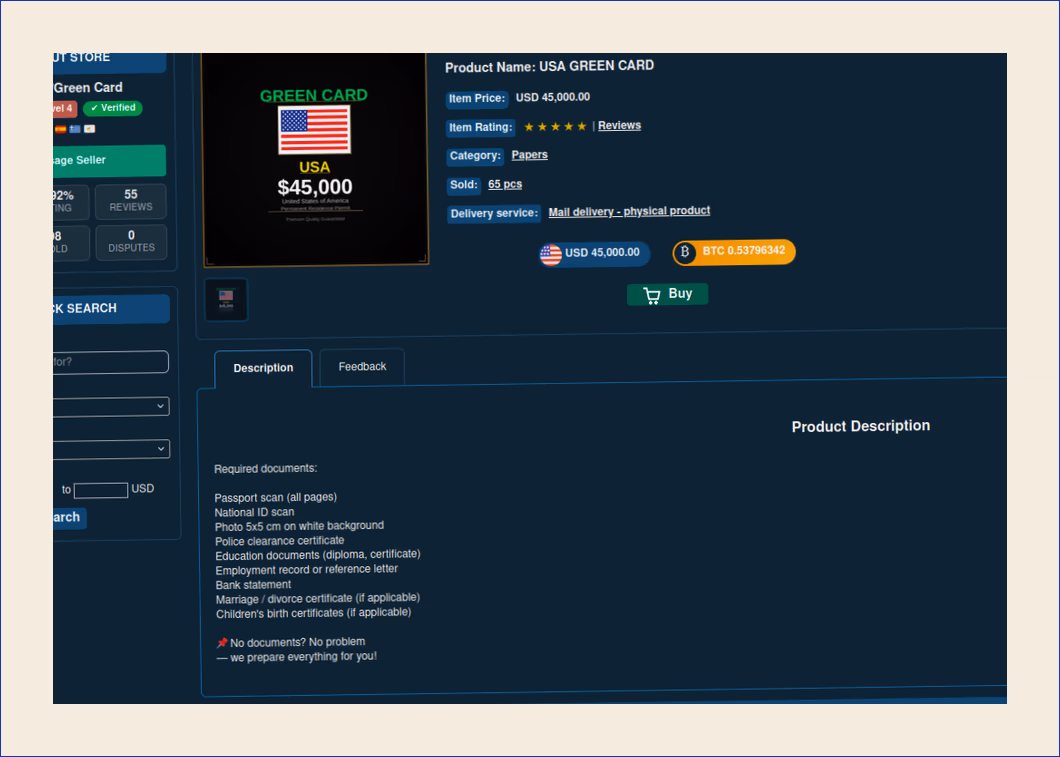 A website interface displaying visa and green card services.